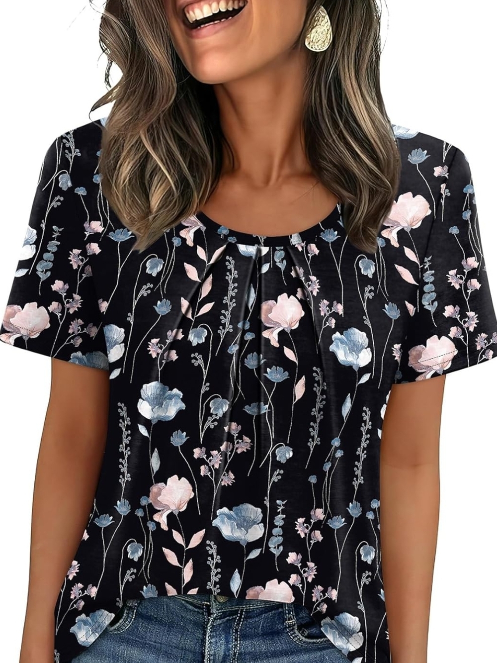 Black Floral Short Sleeve Tee with Pink & Blue Blooms